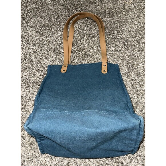 FEED Projects Tote Bag Reusable Teal Canvas Market Pockets Faux Leather Straps - Picture 3 of 11